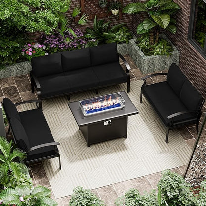 RTDTD Aluminum Outdoor Patio Furniture Set,4 Pieces 7 Seats Patio Conversation Sets with 45" Propane Fire Pit Table,Metal Patio Sectional Furniture Set w/5.1" Cushions for Porch,Deck,Backyard,Black