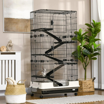 PawHut 59.5" Small Animal Cage with Wheels, 6-Level Portable Bunny Cage, Chinchilla Ferret Cage with Removable Tray, Platform and Ramp