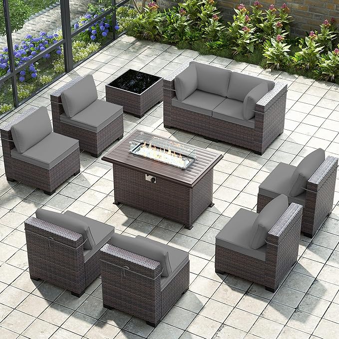 Gotland 10 Pieces Patio Furniture Set with Fire Pit Table, All Weather Rattan Outdoor Furniture with 29.5'' High Backrest 4’’ Thick Cushions Coffee Table, Outdoor Sofa for Deck, Garden, Backyard, Gray