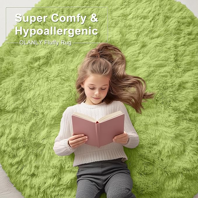OLANLY Grass Green Round Rugs for Bedroom - Machine Washable, 8 ft Circle Area Rugs for Living Room, Soft and Fluffy Shaggy Carpet for Teen Girls and Boys, Nursery Rooms, Dorms, Home Decor Aesthetic