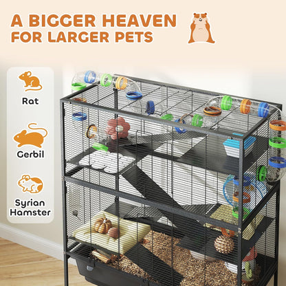 PawHut Hamster Cage with Deep Tray, 5 Tier Rolling Rat Cage with Storage Shelf, Big Exercise Wheel, Tube System, Hut, Platforms, Ramps, Food Dish, Water Bottle, for Syrian, Gerbil, Mouse