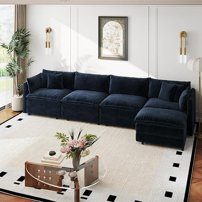 Aoowow Modular Sectional Sofa Modern Convertible L Shaped Couch,147.2 Inch Deep 4-Seater Sofas Set Comfy Chenille Cloud Sofas and Couches with Movable Ottoman for Living Room Apartment（Blue）