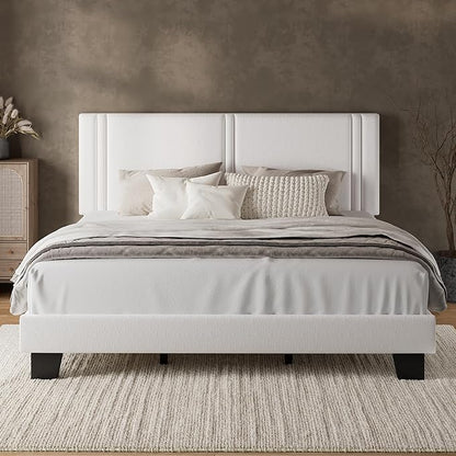 iPormis King Platform Bed Frame with Velvet Upholstered Headboard & Thickened Legs, Mattress Foundation with Solid Wooden Slats Support, No Box Spring Needed, Noise Free, White