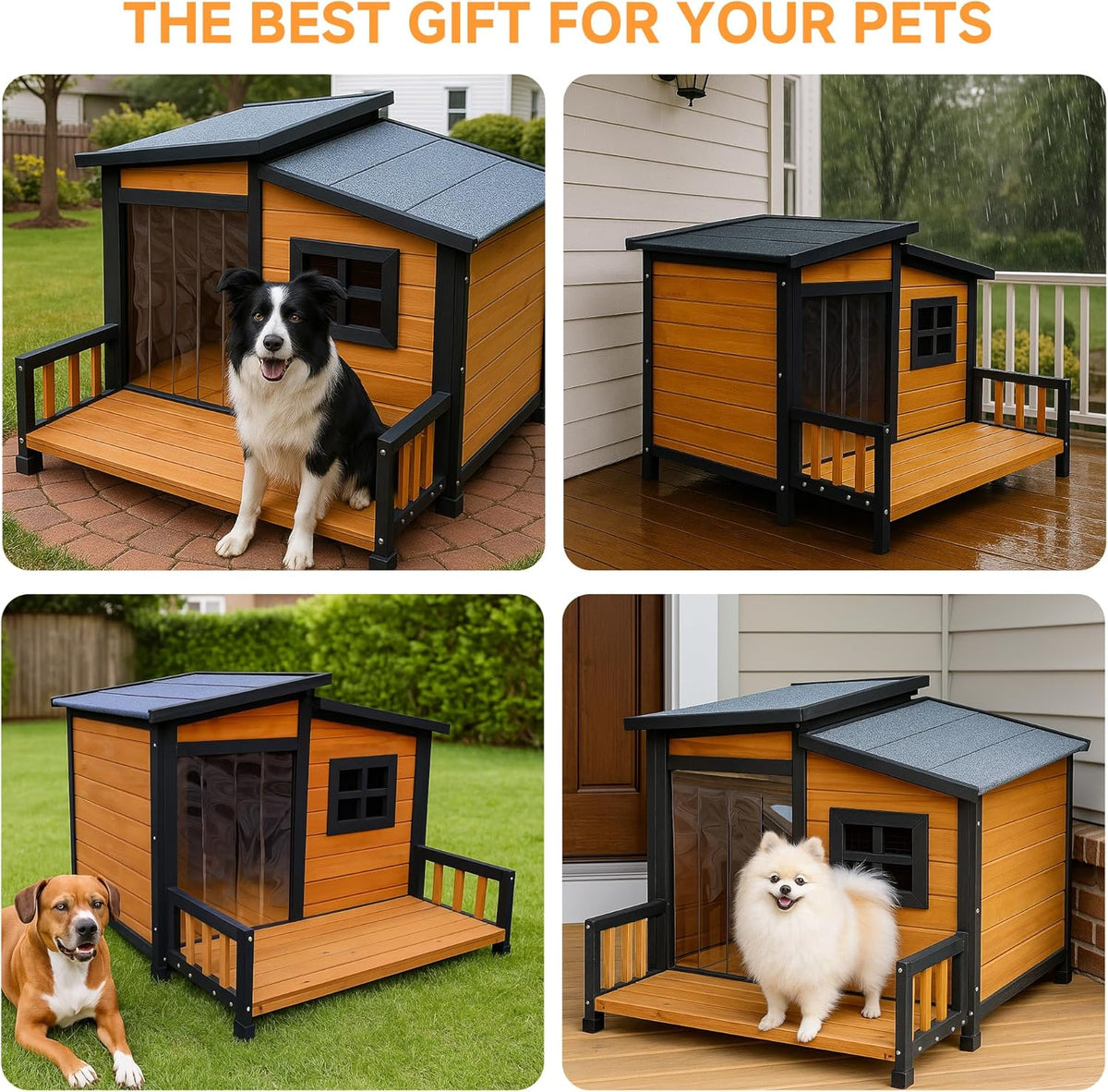 GARWOOD Large Outdoor Indoor Wooden Dog House for Small Large Dog Kennel Wood Sturdy Pet Puppy Warm Home with Durable Weatherproof Asphalt Roof Insulated Elevated Floor Outside Shelter Brown 39x37x30“