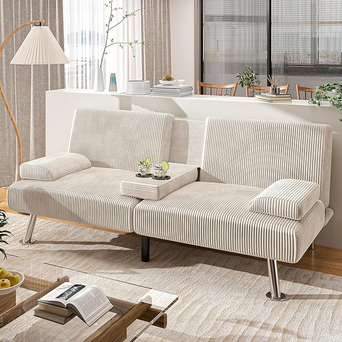 Shahoo Modern Upholstered Convertible Folding Futon Sofa Bed with Removable Armrests, Metal Legs, 2 Cup Holders for Living Room, Beige