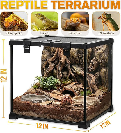 12"x12"x12" Reptile Terrarium, Escape-Proof Glass Full-View Vivarium for Tropical Invertebrates Such as Hermit Crabs, with Escape-Proof Lock & Feeding Hatch