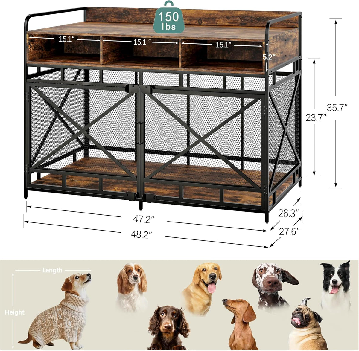 Dog Crate Furniture, 48" Heavy Duty Wooden Dog Crate End Table, XL Dog Kennel Furniture Large Breed, Decorative Dog Kenne Indoor with 3 Drawers & Steel Tubes 48" L x28 W x36 H (Rustic Brown)