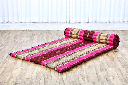 Leewadee - Kapok Roll Mat – Handcrafted Folding Sleep & Relaxation Mattress from Thailand, Ideal as Guest Bed, Camping Mat, Yoga Mat or Traditional Futon, 75 x 39 inches, Auburn Pink