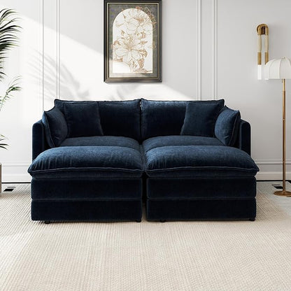 Aoowow Modular Sectional Sofa Modern Convertible Loveseat Couch,77.16 Inch Deep 2-Seater Sofas Comfy Chenille Cloud Sofas and Couches Set with 2 Movable Ottoman for Living Room Apartment（Blue）