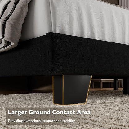 iPormis Full Platform Bed Frame with Fabric Upholstered Headboard & Thickened Legs, Mattress Foundation with Solid Wooden Slats Support, No Box Spring Needed, Noise Free, Black