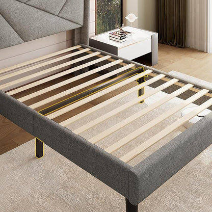 iPormis Twin Size Bed Frame with Charging Station, Linen Platform Bed Frame with Wingback Headboard Upholstered Bedframe, Solid Wood Slats Support, No Box Spring Needed, Easy Assembly, Light Grey