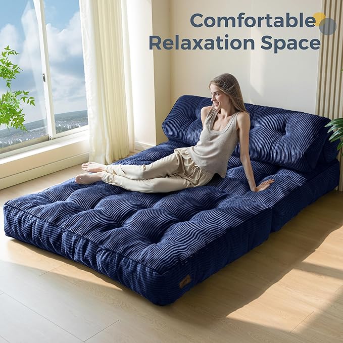 MAXYOYO Folding Sofa Bed, Convertible Sleeper Chair with Pillow Foldable Matress with Back Support, Portable Fold Out Chair Bed Comfy Floor Sofa Lounge for Living Room Bedroom, Navy Double