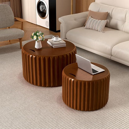 Round Nesting Coffee Table Set of 2, Round Fluted Coffee Tables with Storage for Living Room Modern Nesting End Side Tables for Small Spaces (A Storage Walnut)