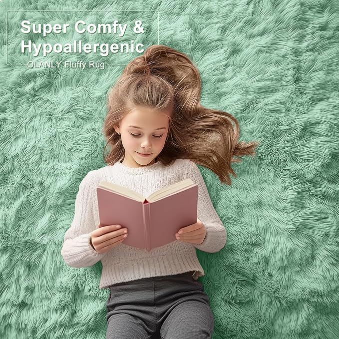 OLANLY 2x4 Machine Washable Runner Rugs for Hallway, Soft Fluffy Shaggy Bedside Rugs for Bedroom, Living Room, Indoor Floor Carpet for Kids Girls Boys, Nursery Rooms, Home Decor Aesthetic, Mint Green