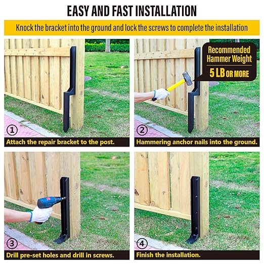 Epcee Heavy Duty Steel Fence Post Repair Stakes, Fence Post Anchor Ground Spike, for Repair Tilted/Broken Wood (6 Pack/Black