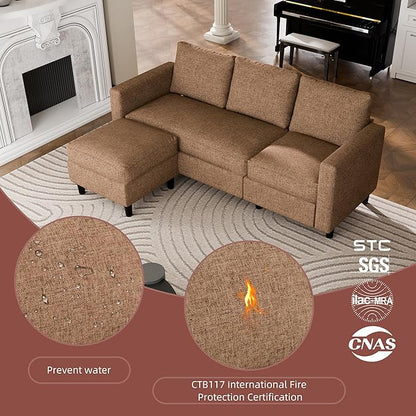 JAMFLY Sectional Sofa Couch Convertible L Shaped Sofas with Ottoman Small Sectional Couches for Living Room, 3 Seater Couch for Small Spaces, Brown