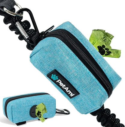 PetAmi Dog Poop Bag Holder for Leash Attachment, Doggie Zipper Pouch Soft Fabric Poop Bag Carrier, Dog Pet Waste Bag Dispenser with Carabiner Clip, 1 Roll of Dog Trash Bag (Blue, 1 Pack)