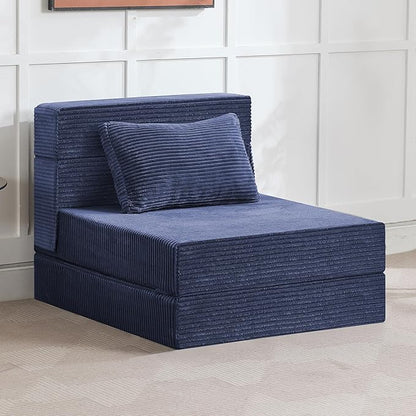 Folding Sofa Bed Convertible Floor Couch Foldable Chair Bed with Pillow，Linen Sleeper Chair Futon,Foldable Memory Foam Mattress for Bedroom/Living Room/Dorm/Office (Corduroy Navy, Single)