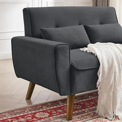 48" Loveseat Sofa, 2 Seater Love Seat Mid Century Modern Small Couches for Living Room Bedroom Apartment, 2 Throw Pillows and Plastic Legs, Dark Grey