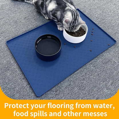 Ptlom Silicone Pet Placemat for Dog and Cat, Waterproof Non-Slip Pet Feeding Bowl Mats for Food and Water, Small Medium Large Tray Mat Prevent Residues from Spilling to Floor, Navy Blue, 24.5" 16.5"