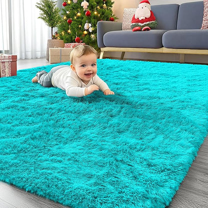 OLANLY Area Rugs for Living Room Bedroom, Machine Washable 4x5.9 ft Soft Fluffy Shaggy Bedside Rug, Indoor Floor Carpet for Kids Girls and Boys, Dorms, Nursery Rooms, Home Decor Aesthetic, Teal Blue