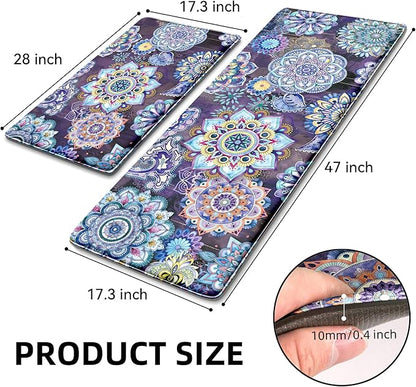 Boho Purple Floral Kitchen Rugs Mats for Floor 2 Piece Memory Foam Padded Kitchen Mats Anti Fatigue Non Slip Cushioned Comfort Standing Mat, 17.3x28+17.3x47 Inch
