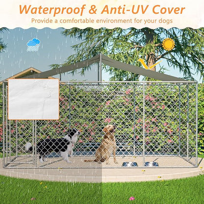 Outdoor Dog Enclosure,Heavy Duty Dog Kennel House Mesh Outside,Galvanized Chain Link Dog Run with Roof,Dog Cage Large Dogs,Dog Pen,Pet Kennel W/Waterproof Anti-UV Cover&Secure Lock for Large Dog