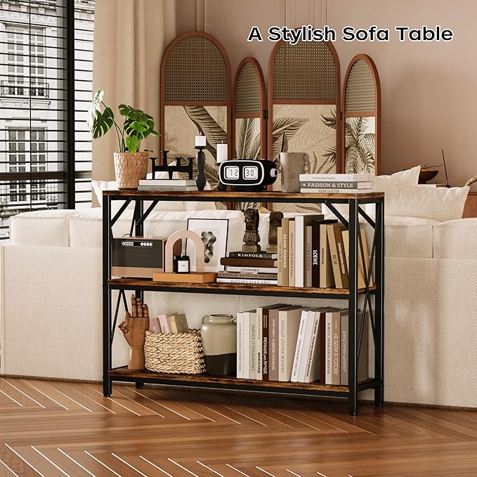 Homeiju Entry Table 40" Width, 3-Tier Entryway Table with Storage, Industrial Sofa Table with Open Shelves, Foyer Tables for Entryway, Hallway, Kitchen, Living Room and Bedroom, Rustic Brown