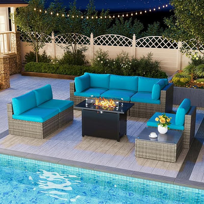 8 Pieces Outdoor Patio Furniture Set with 43" Fire Pit Table, Wicker Outdoor Patio Sectional Sofas with Coffee Table and Cushions, All-Weather Patio Conversation Set for Backyard Garden, Light Blue