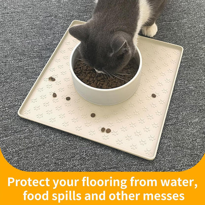 Ptlom Pet Placemat for Dog and Cat, Waterproof Non-Slip Silicone Feeding Bowl Mat Prevent Food and Water Overflow, Puppy Dish Feeder Fountain Trays Suitable for Medium and Small Pets, Beige