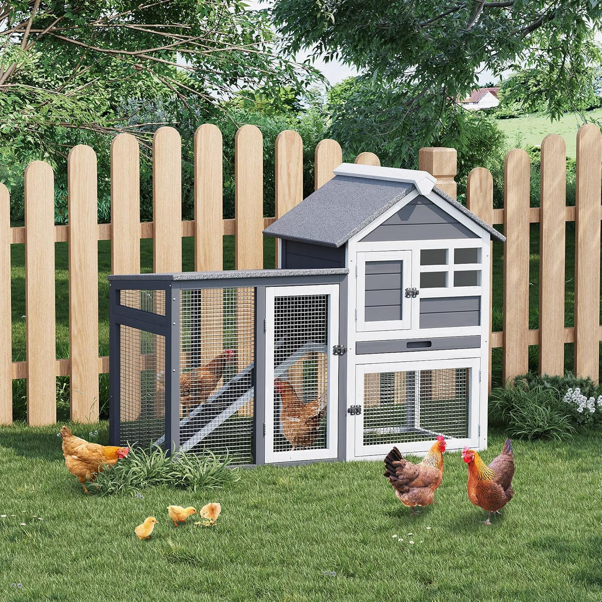 Rabbit Hutch 2-Tier, Small Wooden Chicken Coop for Outdoor Use - Weatherproof Small Animal Hutch with Non-Slip Ramp, 4 Access Doors & Removable Tray for Rabbits, Guinea Pigs, Ferrets (Indoor/Outdoor)