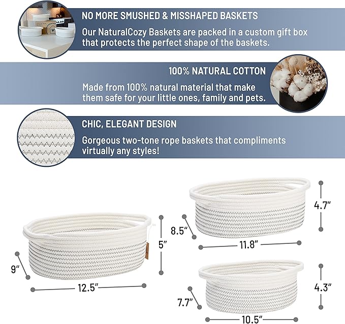 NaturalCozy 3-Piece Oval Storage Basket Set– Soft Natural Rope Woven Baskets for Storage Shelf, Toy, Nursery, Gift, Baby Shower, Pets Cat Dog Bins | Small Basket for Organizing (Black Stitching)
