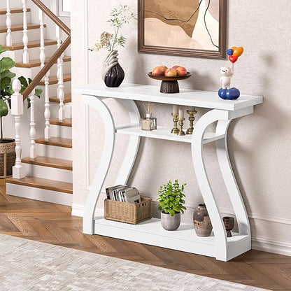 Wooden Console Table with Curved Legs and Shelf, 3-Tier Modern Accent Sofa Table for Entrance Area, Living Room, Hallway, 47 in Wide (White)