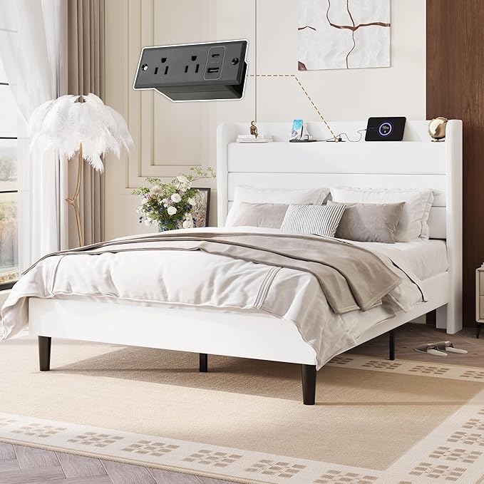 SHA CERLIN Full Size Bed Frame with Charging Station, Velvet Upholstered Platform Bed, Wingback Storage Headboard, Type-C & USB Ports, Strong Wooden Slats, No Box Spring Needed, Easy Assembly, White