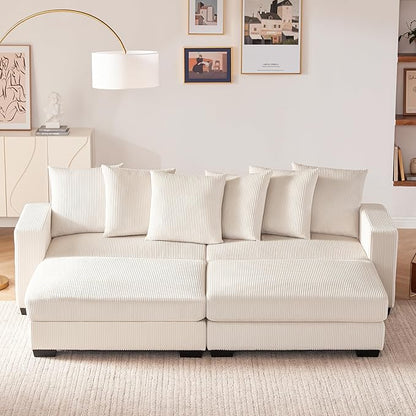101.6" Deep Seat Corduroy Sectional Couches for Living Room, Comfy Upholstered Modular Sectional Sofa Bed, Cloud Couch with Thickened Cushions Widened Armrests,2 Seats + 2 Ottoman, Beige