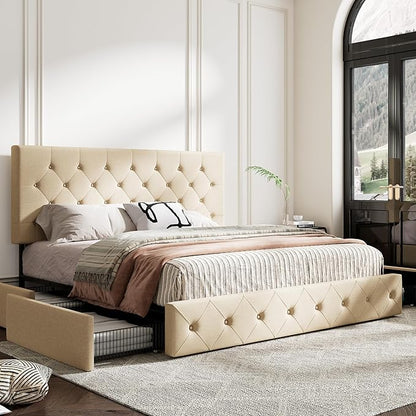 MUTICOR King Size Bed Frame with 4 Storage Drawers, Upholstered Platform Bed with Button Tufted Adjustable Headboard, No Box Spring Needed, Easy Assembly, Diamond Tufted, Beige Fabric