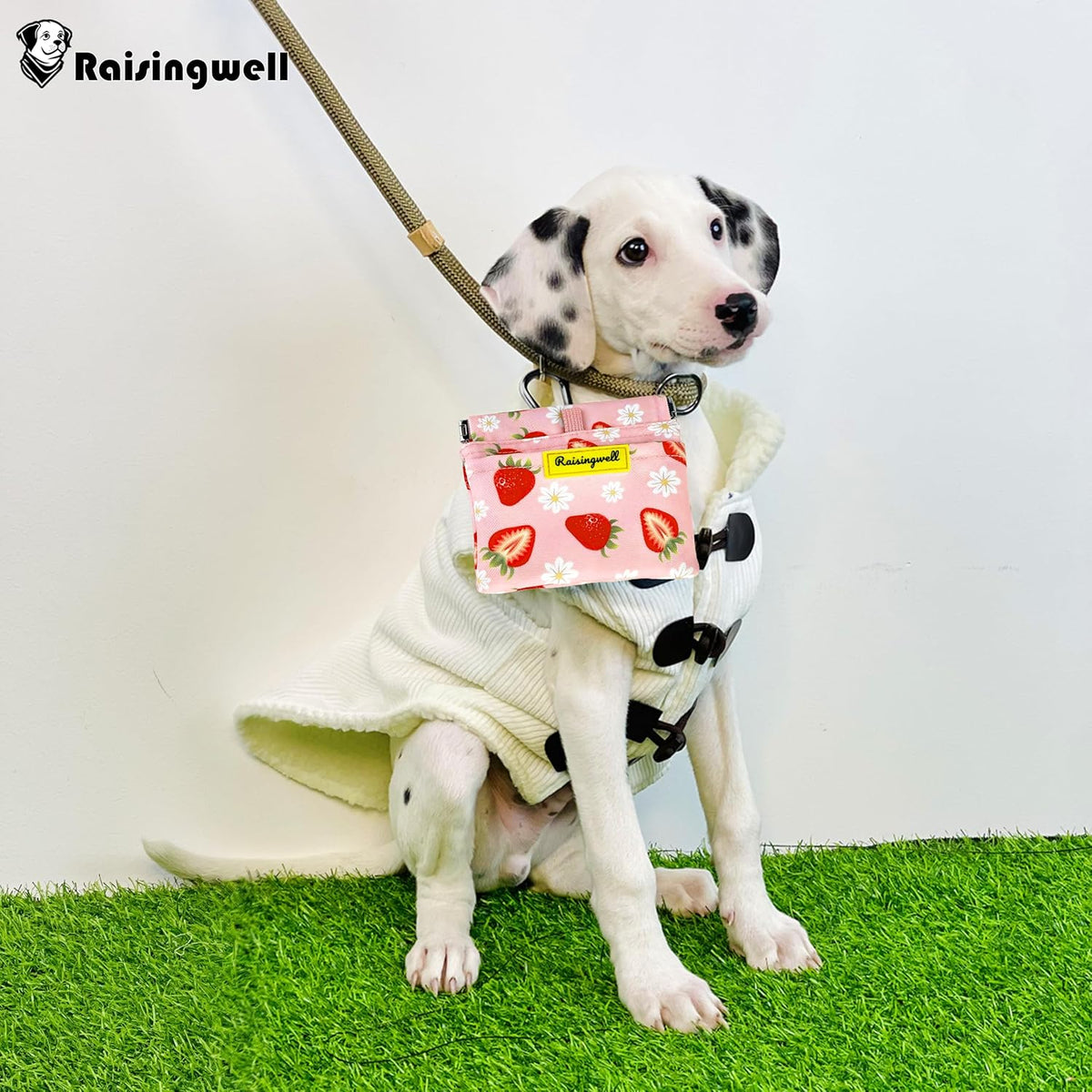 Dog Treat Pouch,Cotton Pocket Sized Training Holder, Hand Free Walking Funny Bag with Carabiner, Self-Closing Pet Feed Snack Reward, Behavior Aids for Puppy Travel or Outdoor Use（Strawberry）
