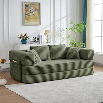 79.5" Folding Convertible Sofa Bed with Side Storage Pockets, 4-in-1 Corduroy Boneless Couch, No Assembly Loveseat Sleeper, Floor Sofa Daybed Futon Couch for Living Room Bedroom Lounge, Green Upgraded