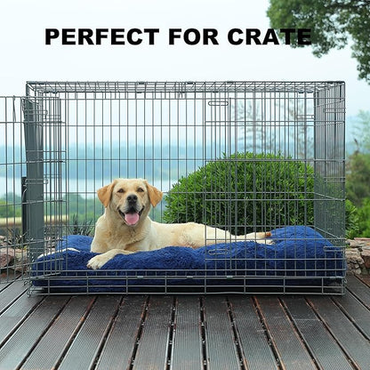 Bedfolks Waterproof Dog Crate Pad, Plush Washable Kennel Bed, Faux Fur, 47"x29", Dark Blue