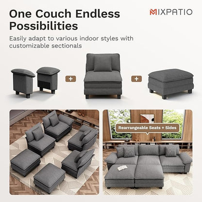 MIXPATIO 123-Inch L Shaped Sectional Sofa with Cloud Cushions, Deep Seat Modular Couch Set w/ 4 Seats & 1 Ottomans, Removable Arms, Plush Corduroy Upholstery for Living Room, Apartment - Gray