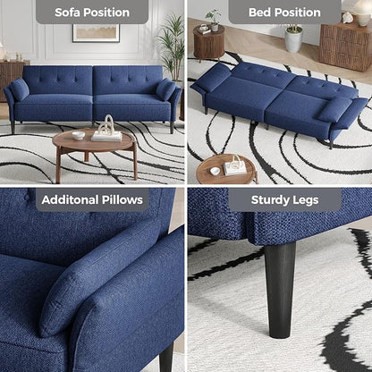 89” Futon Sofa Bed,Comfy Futon Couch Bed with 2 Square Pillows,Convertible Sleeper Sofa with Adjustable Backrest& Armrests, Modern Loveseat Sleeper for Living Room, Bedroom, Linen Blue
