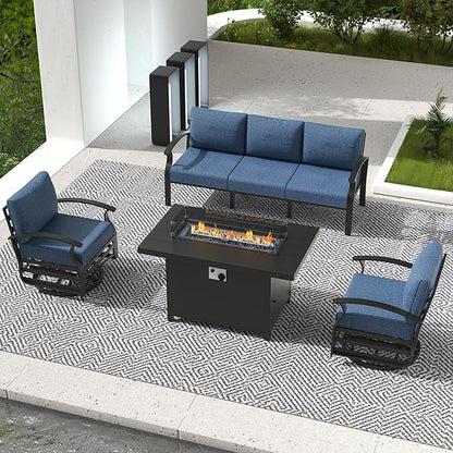 RTDTD Aluminum Outdoor Patio Furniture Set,4 Pieces 5 Seats Patio Conversation Sets with 45" Propane Fire Pit Table,Metal Patio Sectional Furniture Set with 2 Swivel Rocking Chairs,Navy Blue