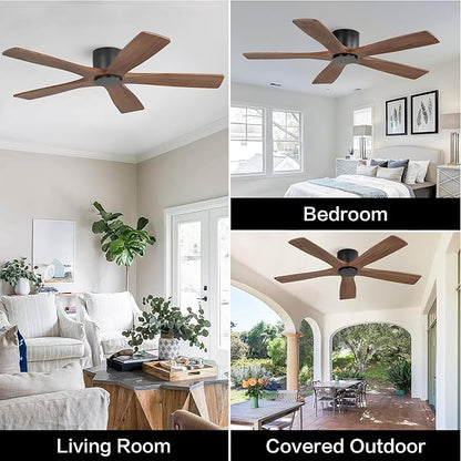 WINGBO 48" Flush Mount DC Ceiling Fans without Lights, 5 Carved Solid Wood