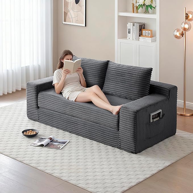 73" Cloud Loveseat Sofa Couch in a Box, 2 Seater Boneless Couch, Convertible Pull Out Sofa Bed with Pillows, No Assembly, Memory Foam, Modern Small Couches for Small Spaces (A-Grey)