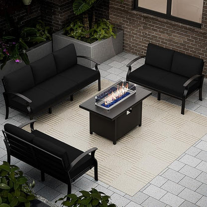 RTDTD Aluminum Outdoor Patio Furniture Set,4 Pieces 7 Seats Patio Conversation Sets with 45" Propane Fire Pit Table,Metal Patio Sectional Furniture Set w/5.1" Cushions for Porch,Deck,Backyard,Black