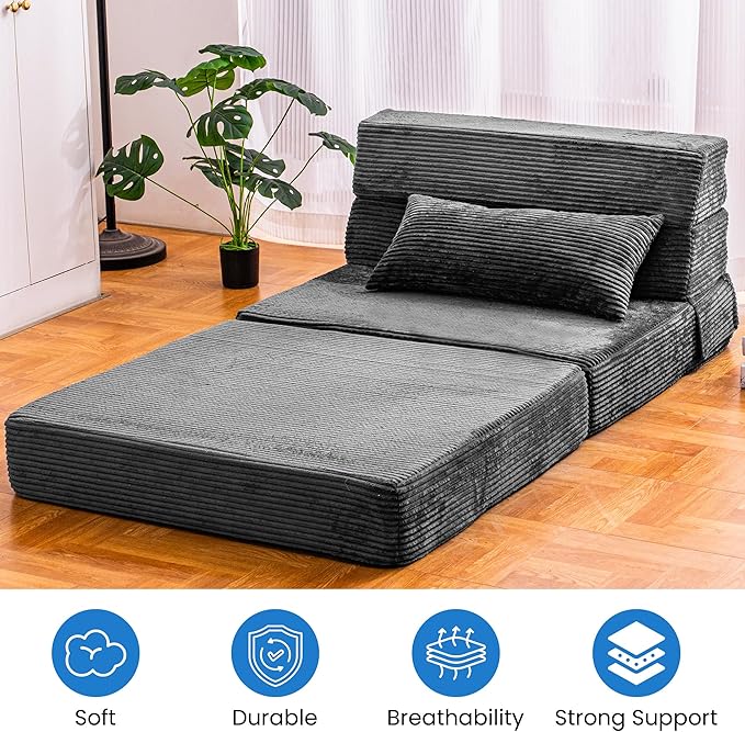 Folding Sofa Bed, Convertible Sleeper Chair with Pillow, High Density Memory Foam Fold Out Couch, Foldable Mattress Futon Sofa for Living Room/Dorm/Guest Use/Apartment/Home Office