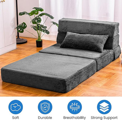 Folding Sofa Bed, Convertible Sleeper Chair with Pillow, High Density Memory Foam Fold Out Couch, Foldable Mattress Futon Sofa for Living Room/Dorm/Guest Use/Apartment/Home Office