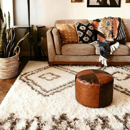Thgonwid Unstuffed Faux Leather Pouf Cover, Handmade Footstool Ottoman Storage Solution, Floor Footrest Cushion - 16.5”Dx12”H, Brown & Coffee