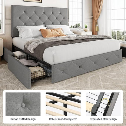 Allewie Upholstered Queen Size Platform Bed Frame with 4 Storage Drawers and Headboard, Diamond Stitched Button Tufted Mattress Foundation with Wooden Slats Support, Light Grey