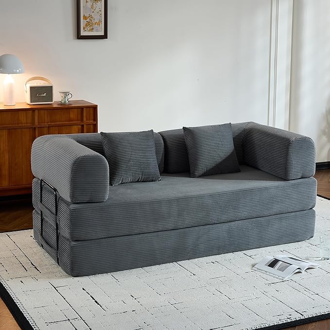 Comfy Convertible Folding Mattress Couch, Floor Sofa Bed with Fixed-Shape Frame, Corduroy Floor Sofa with Armrest, Floor Sofa Lounge Couch for Living Room Bedroom Lounge Studio,Grey
